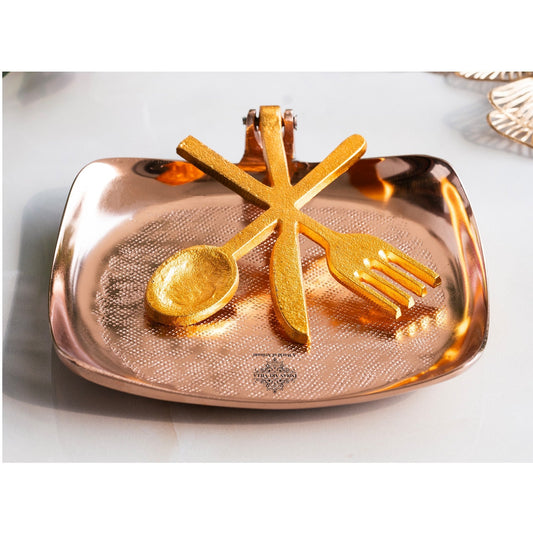 Brass and Copper Finish Napkin Holder with Golden Cutlery Design – Elegant Table Accessory for Dining, Kitchen, Office, and Gifting