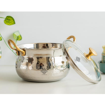 Steel Handi Hammered Design Bowl with Glass Lid Brass Knob &  Handles   – 950 ML,  Tableware & Serveware