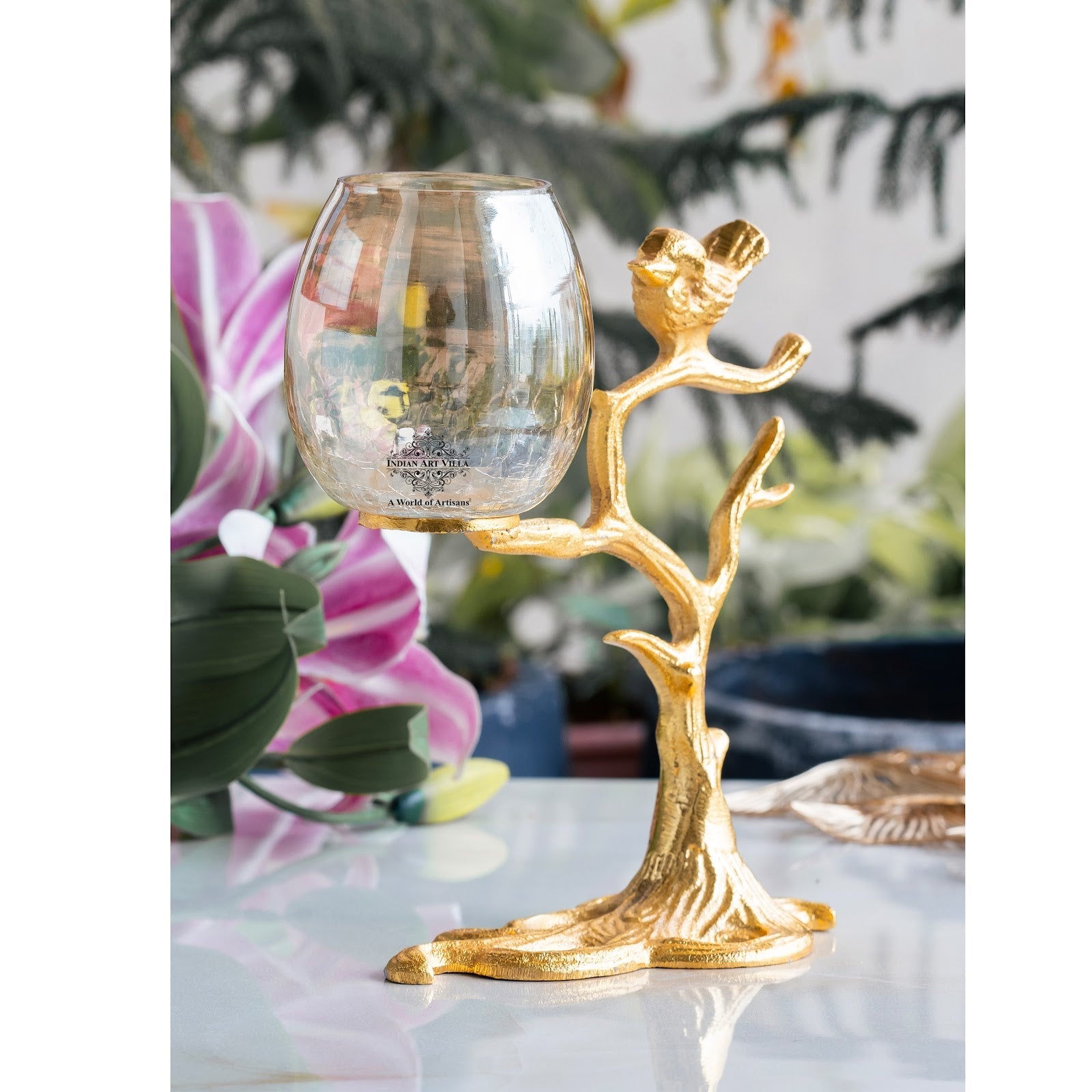 Gold Finish Decorative Candle Holder with Tree Bird Design – Elegant H ...