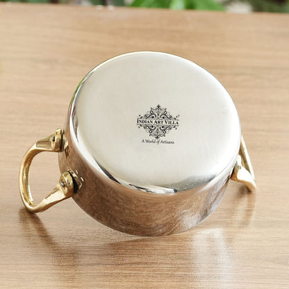 Stainless Steel Serving Bowl with Brass Handles, Hammered Design, Ideal Small Serving Bowl for Curry, Dal and Sides – Elegant Tableware for Home & Restaurant Use