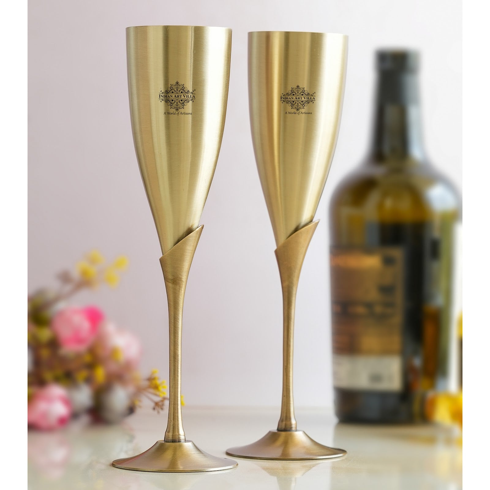 Handmade Pure Brass Set of 2 Antique Finish Champagne Glass Set in Blue Velvet Box