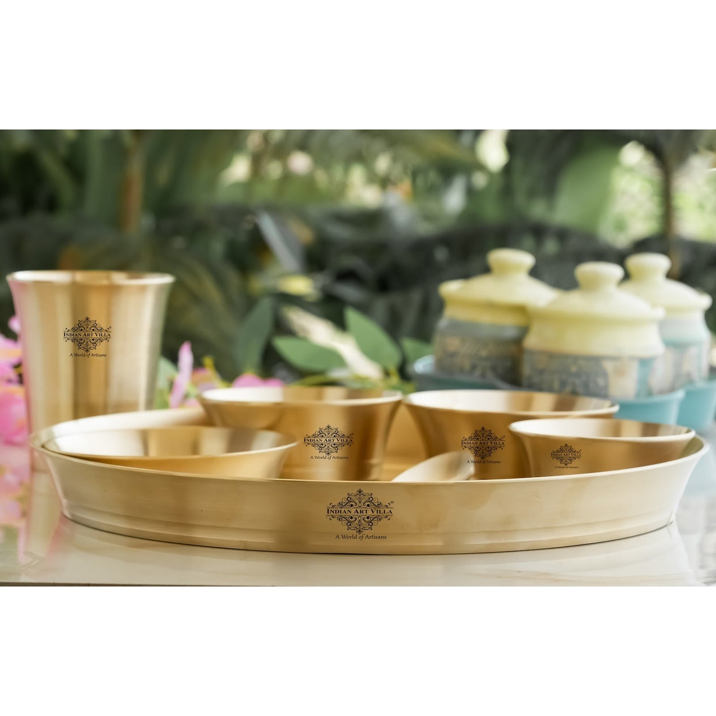 Pure Brass Matt Finish & Hammered 7 Pieces Dinner Set / Thali Set | DinnerWare |