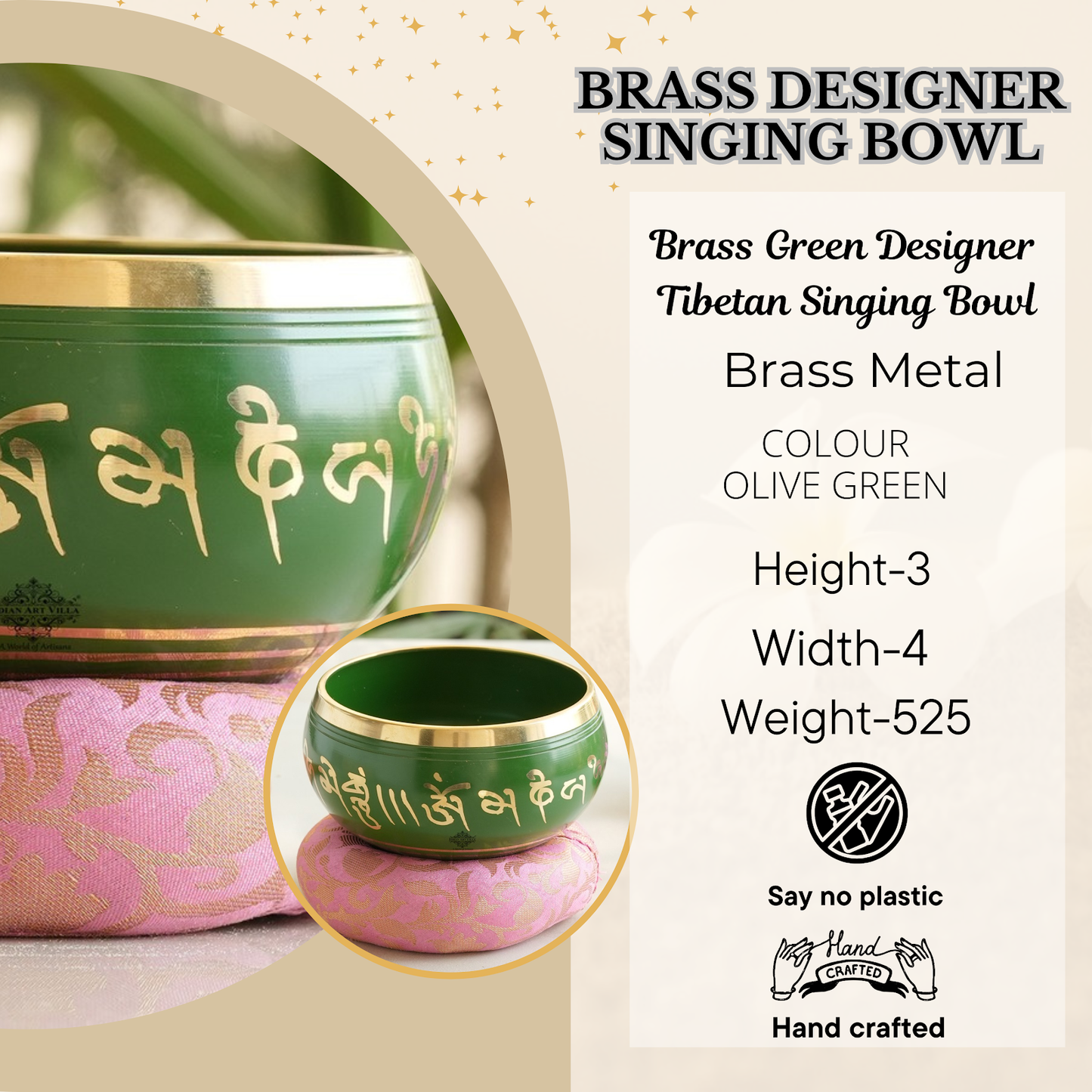 Pure Brass Green Designer Tibetan Singing Bowl, Home Decor, Accessories