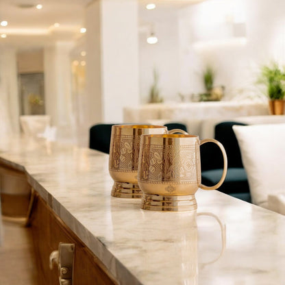 Pure Brass Embossed Design Cup with Handle – 200 ML | Traditional Handcrafted Mug for Serving Water, Milk, or Herbal Drinks