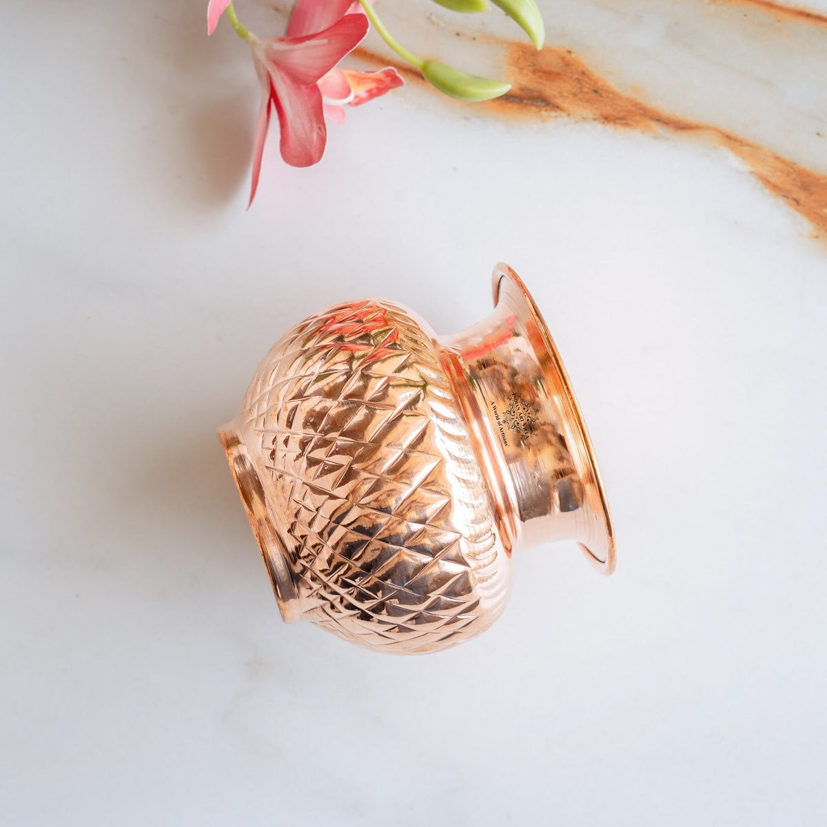 Pure Copper Lota with Diamond Cut Design For Pooja - 550 ML
