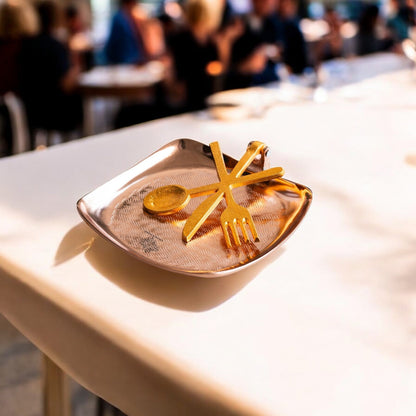 Brass and Copper Finish Napkin Holder with Golden Cutlery Design – Elegant Table Accessory for Dining, Kitchen, Office, and Gifting