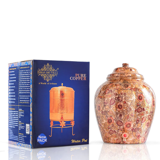 IndianAtVilla Printed Flower Design Copper Water Dispenser Pot Matka, Storage, Home Kitchen Garden