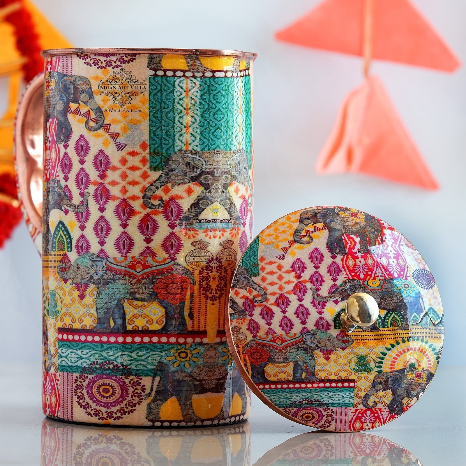 Pure Copper Printed Jug - Padharo Mhare Desh Design