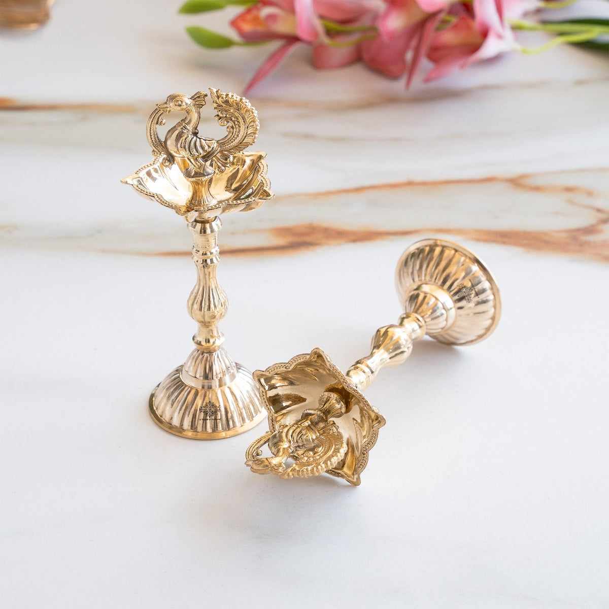 Brass Pillar Diya Set of 2 - Standing Oil Lamps