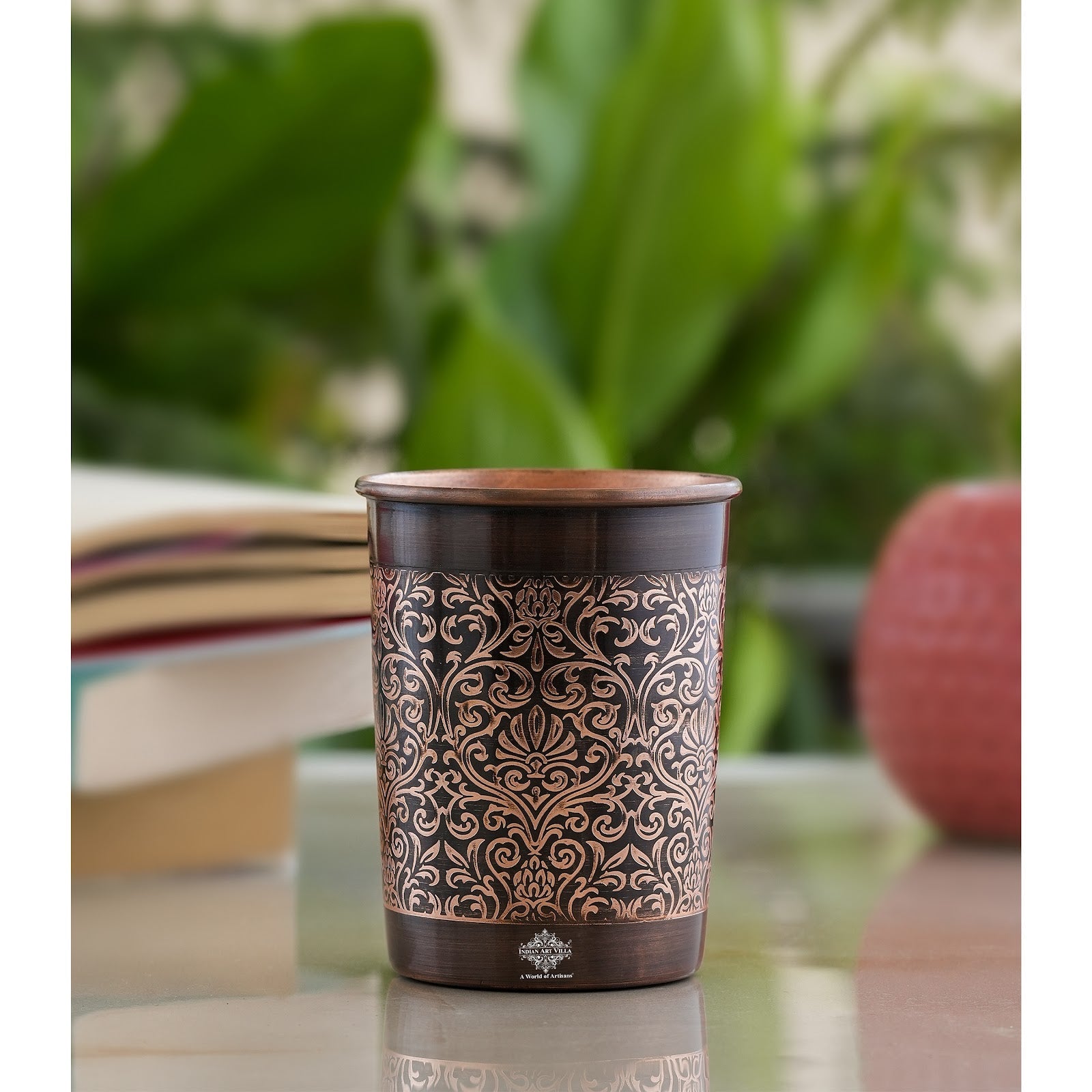 Pure Copper Glass With Handcrafted Embossed Design 275 ML