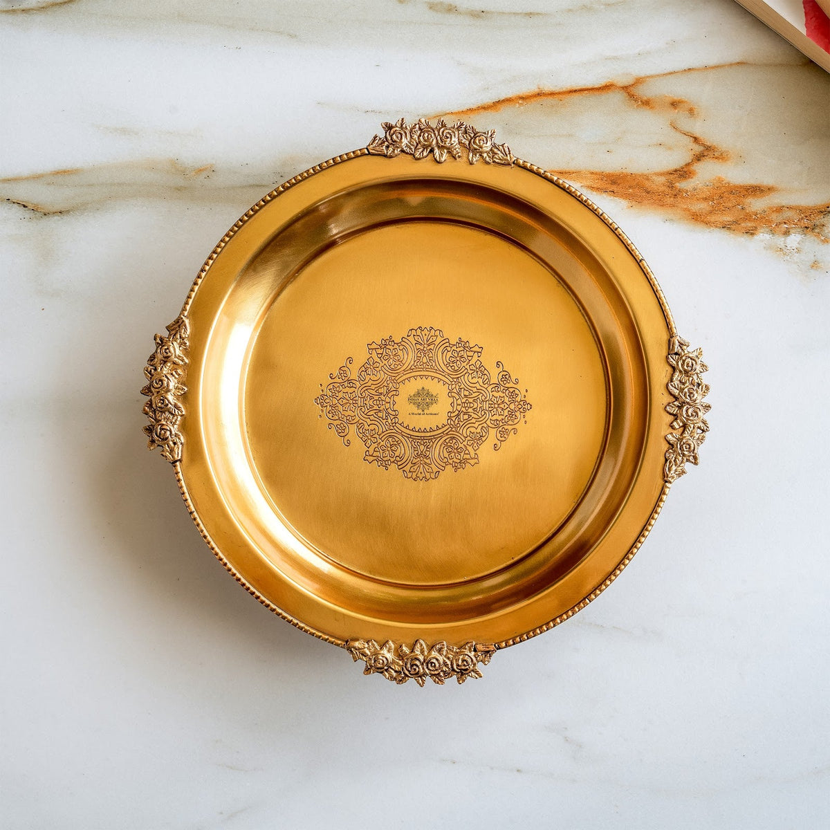 Pure Brass Round Tray with Rose Border For Home Décor