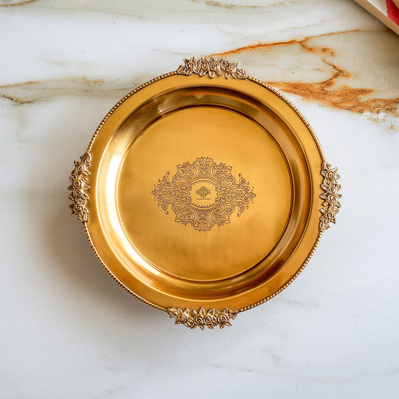 Pure Brass Round Tray with Rose Border For Home Décor