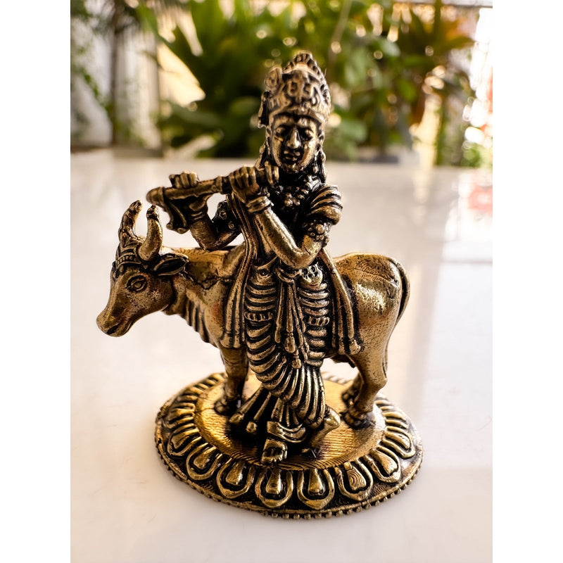 Pure Brass Miniature Krishna Ji with Cow Murti