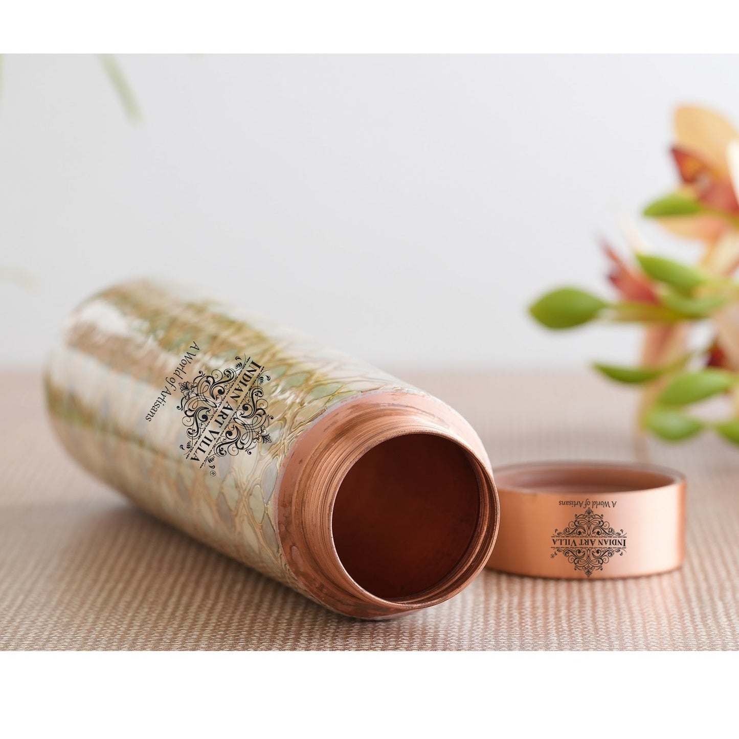 Pure Copper Water Bottle with Pyramid Shape Gold Print Design, 800 ML