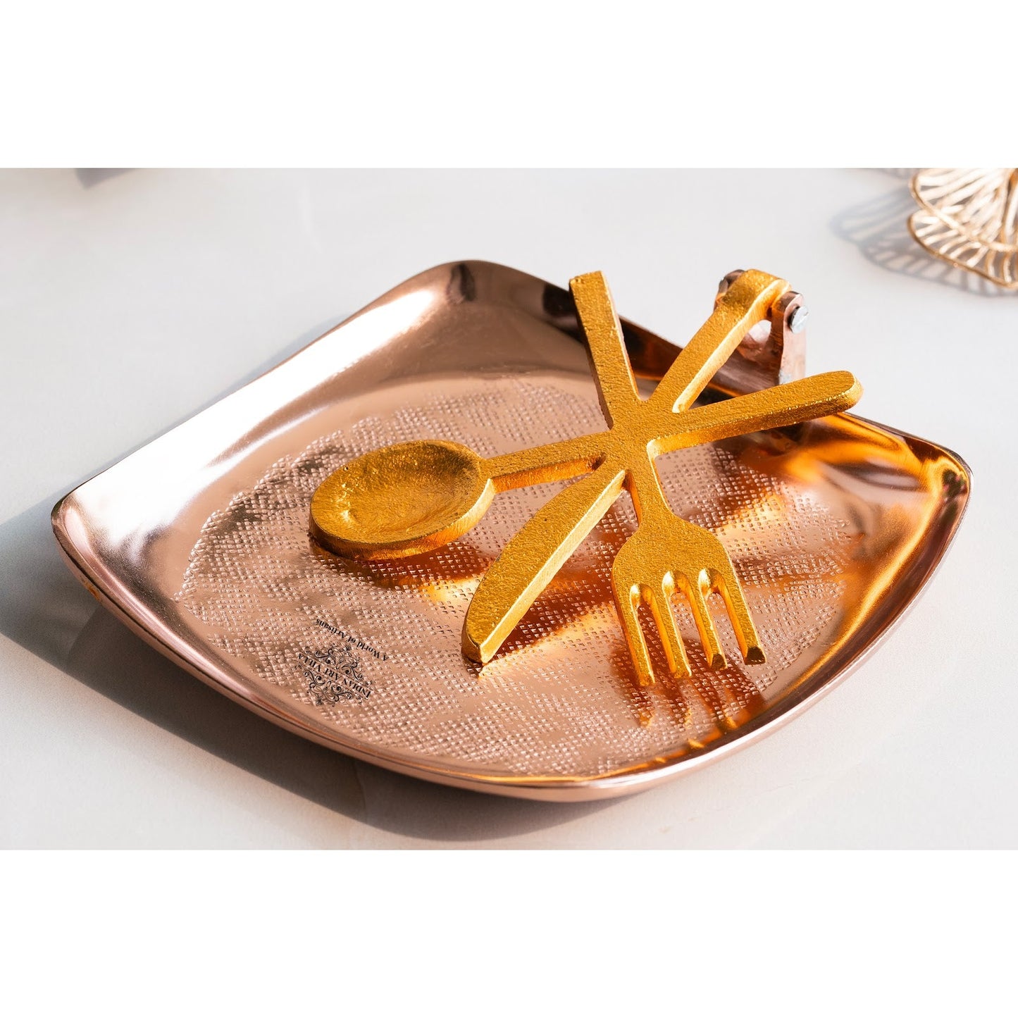 Brass and Copper Finish Napkin Holder with Golden Cutlery Design – Elegant Table Accessory for Dining, Kitchen, Office, and Gifting