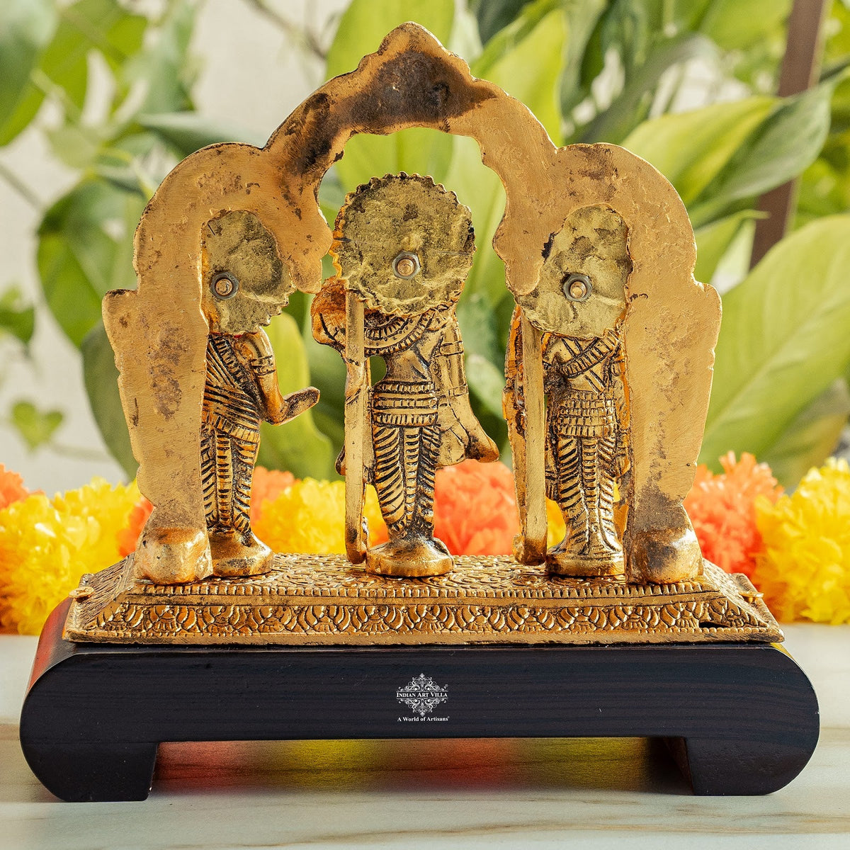 Brass Finish Ram Darbar Murti with Wooden Base for Home Temple