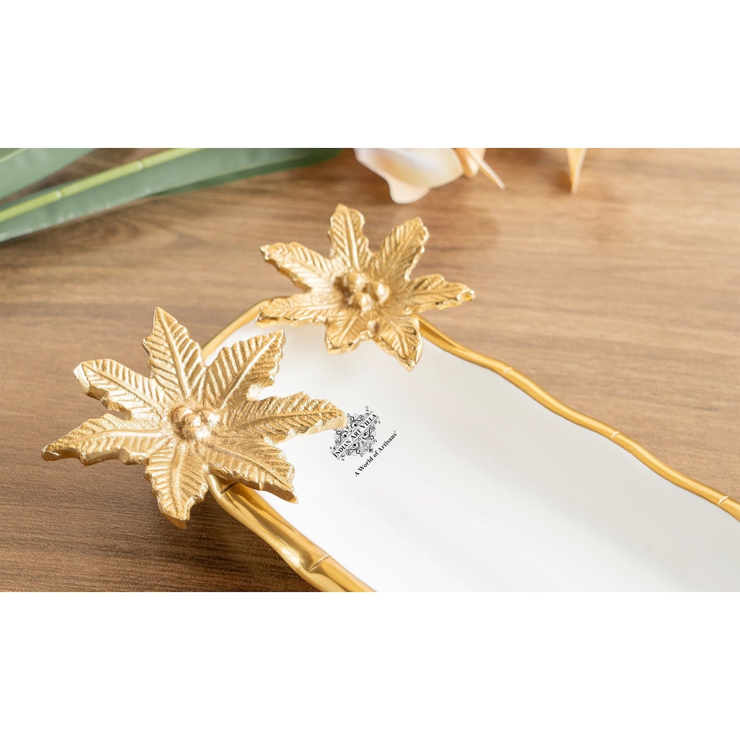 Brass Finish Decorative Serving Plate with Flower Design, Oval Platter, Elegant Tableware for Snacks, Dry Fruits, Gifting, and Home Décor.