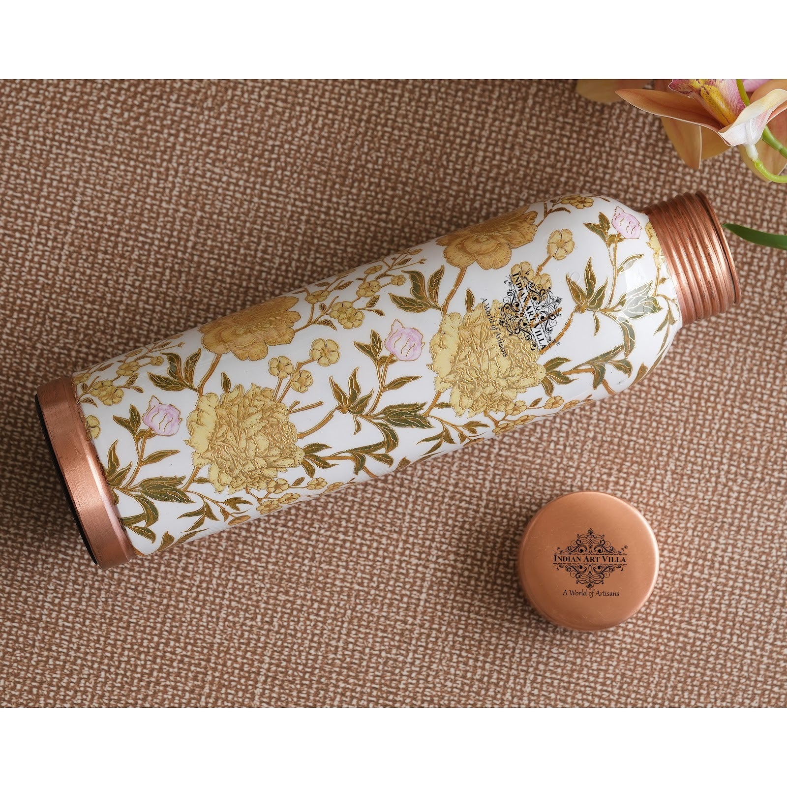 Pure Copper Water Bottle with Different Gold Print Designs, 900 ML