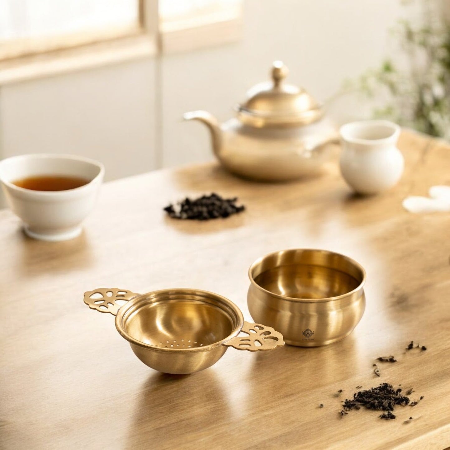 Brass Matt Finish Tea Infuser with Bowl Elegant Chai Chalani