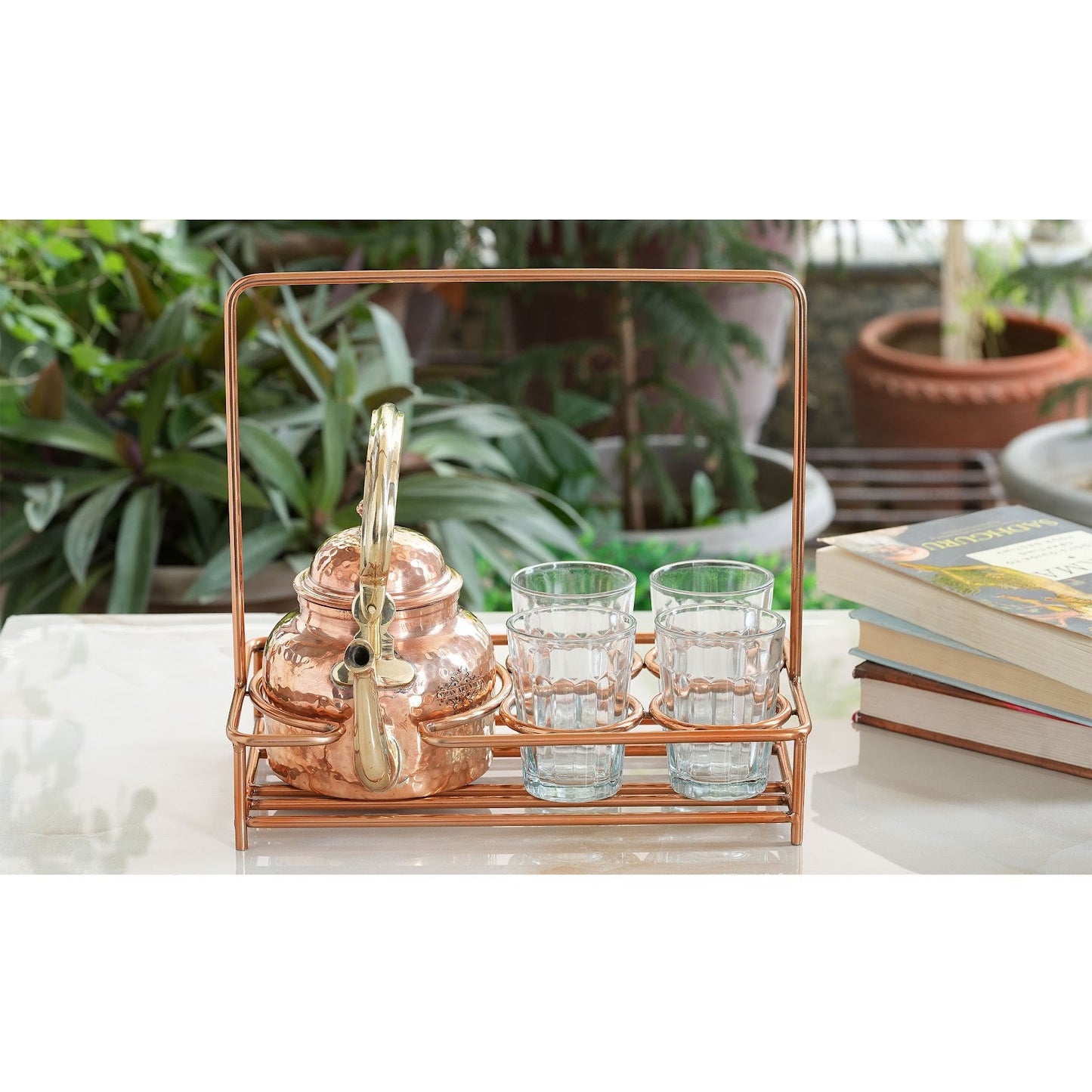 Copper Hammered Tea Pot with Brass Handle with 4 or 6 Glass Tea Cup