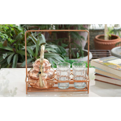 Copper Hammered Tea Pot with Brass Handle with 4 or 6 Glass Tea Cup