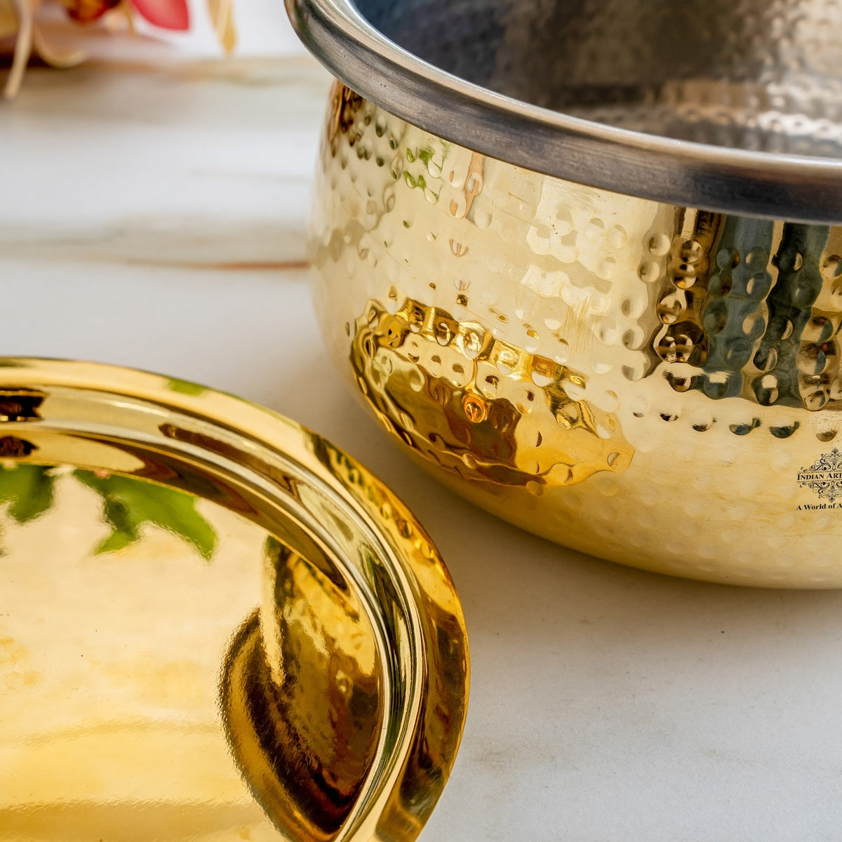 Pure Brass Cooking Handi, Hammered Design with Lid
