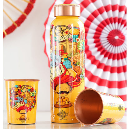 Rajasthani Meena "Padharo Mhare Desh" Printed Copper Bottle & Glass Set