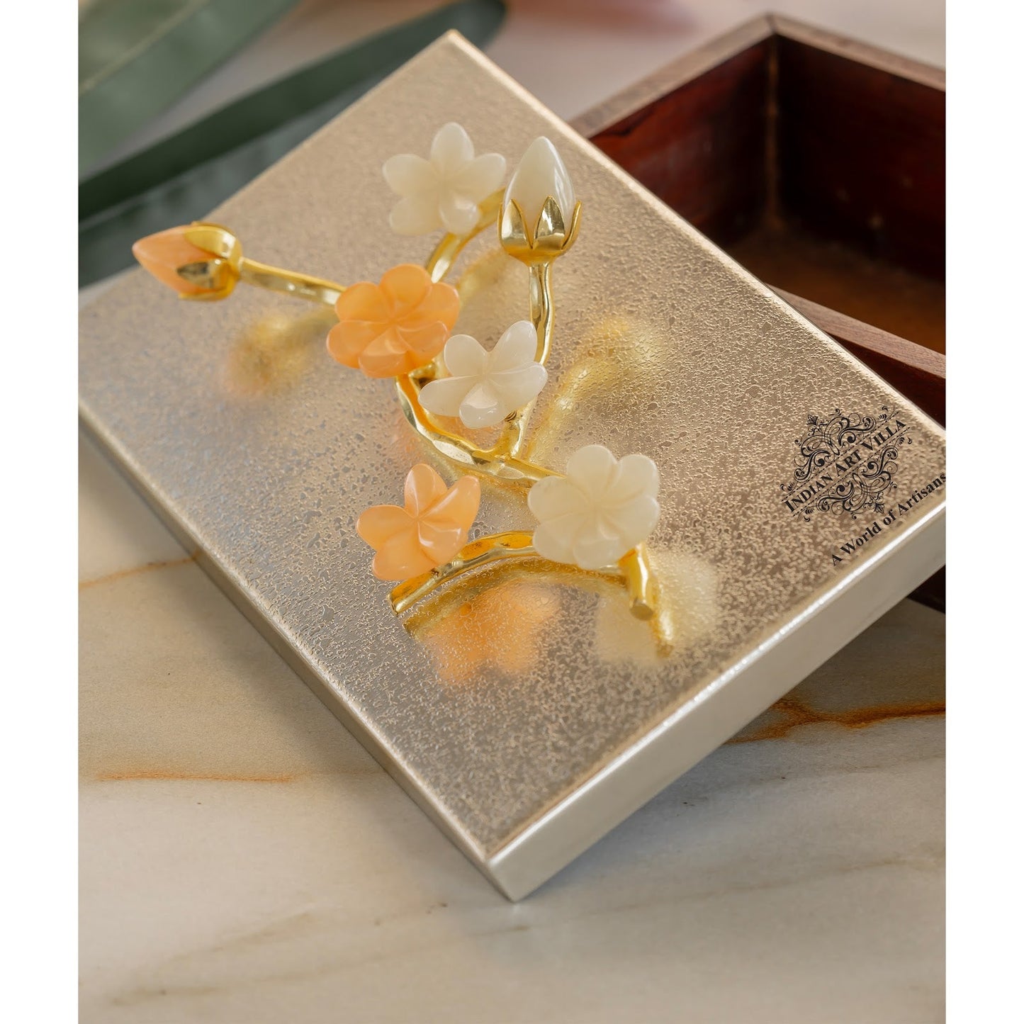 Wooden Decorative Box with Silver-Plated Leaf and Flower Design