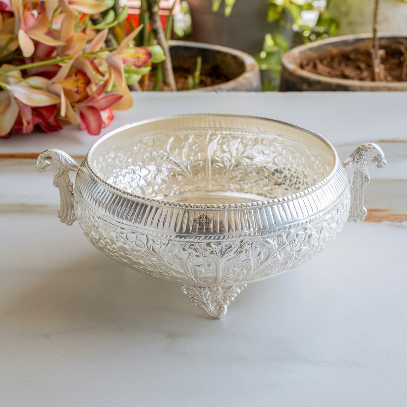 Silver Embossed Urli with Handles & Lotus Design for Home Décor - 1850 ML