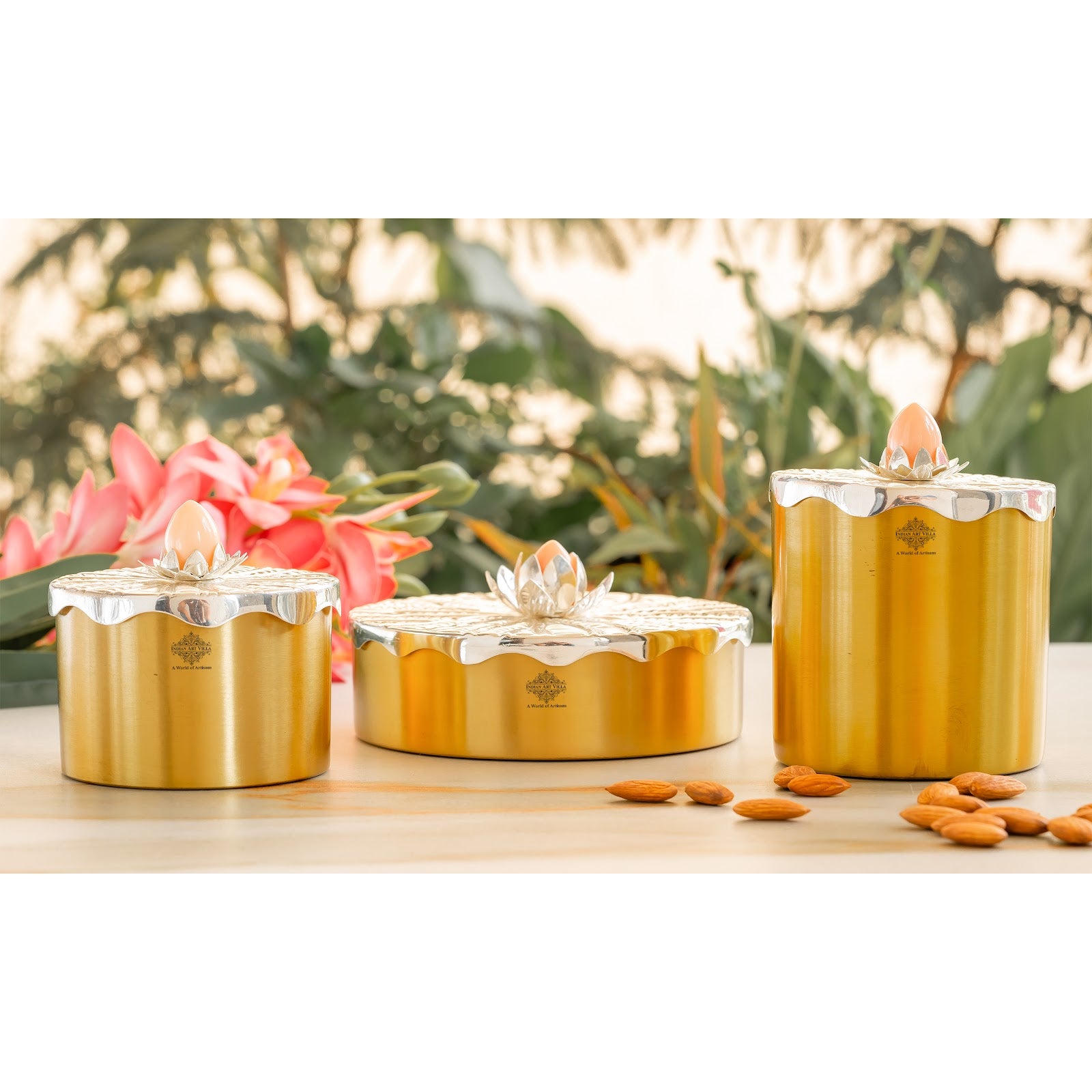 Silver-Plated Brass Decorative Multi-Purpose Gift Box, Lotus Flower Design, Elegant Silver & Gold Finish Storage Box for Dry Fruits