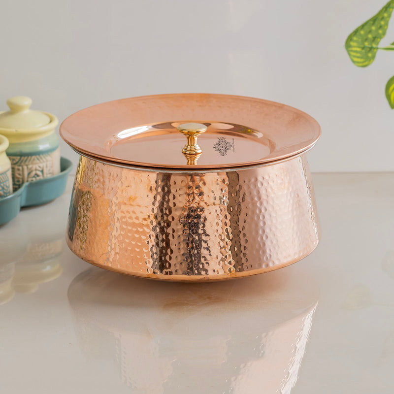 Indian Art Villa, Handcrafted Pure Copper Handi with Lid & Tin Lining – Traditional Hammered Design Handi for Cook Rice, Curries, and Dishes
