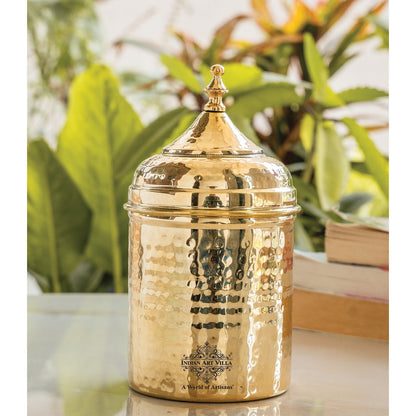 Brass Hammered Storage Container with Lid – 500 ML, Gold Finish Traditional Brass Jar, Dry Fruit, Sugar Storage Jar & Decorative Brass Box for Kitchen, Dining & Gifting