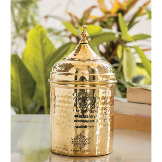 Brass Hammered Storage Container with Lid – 500 ML, Gold Finish Traditional Brass Jar, Dry Fruit, Sugar Storage Jar & Decorative Brass Box for Kitchen, Dining & Gifting