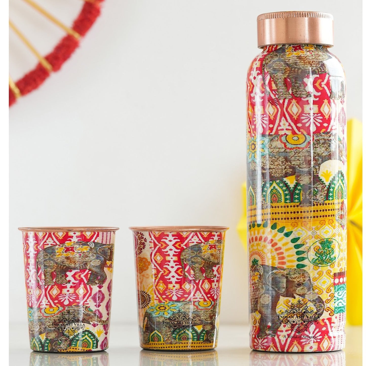 Rajasthani Meena "Padharo Mhare Desh" Printed Copper Bottle & Glass Set
