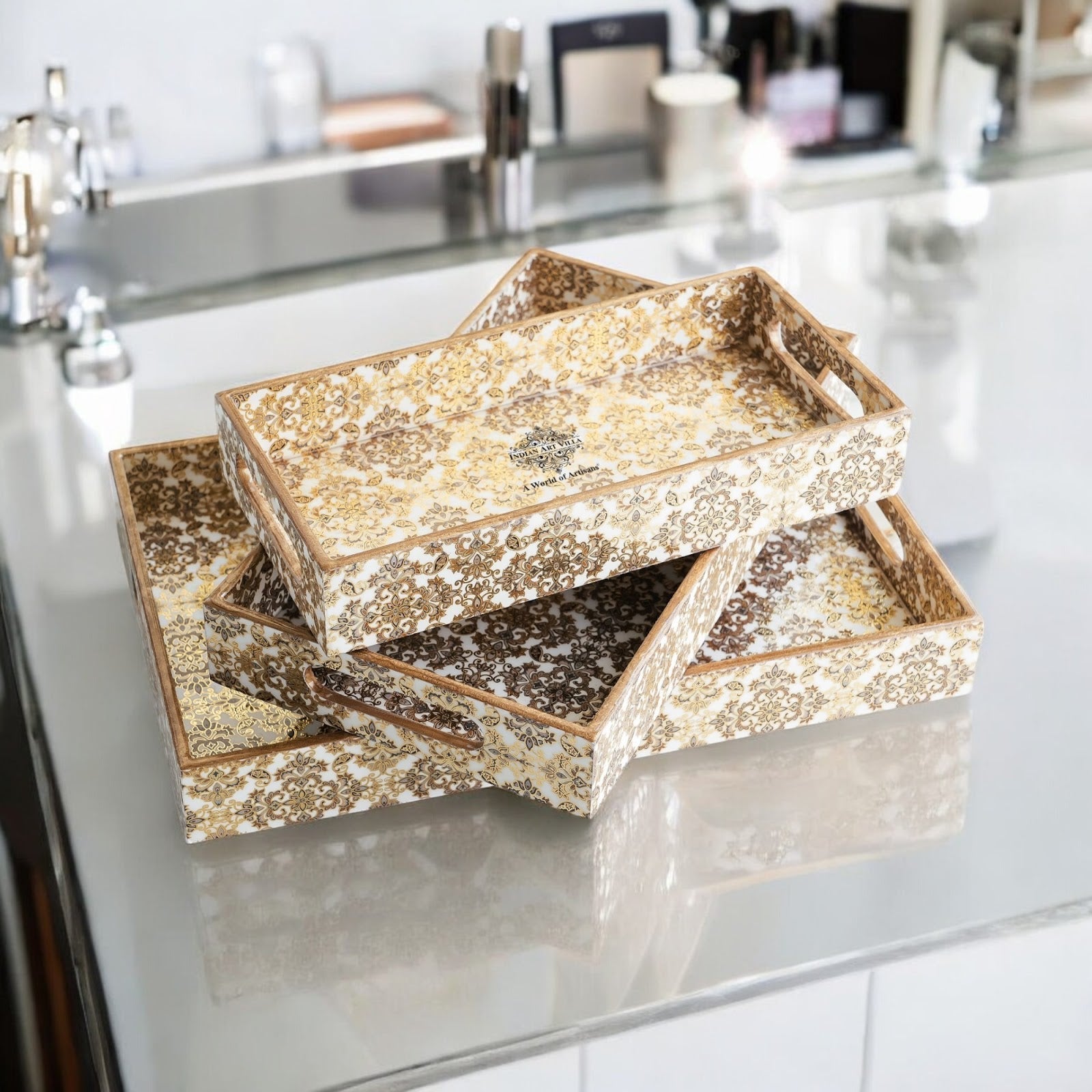 Wooden Tray Set of 3  Handcrafted Multipurpose Decorative Serving Platters