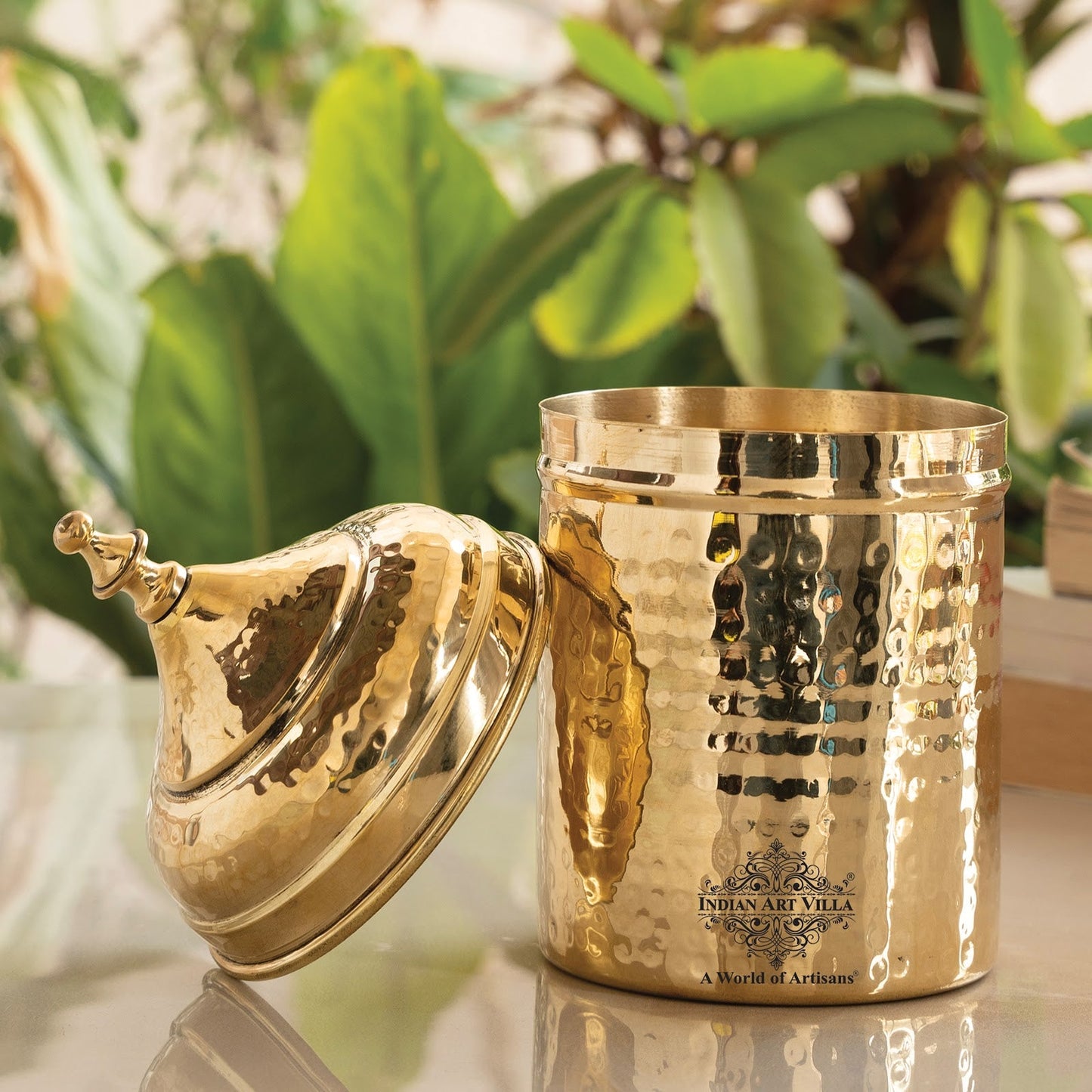 Brass Hammered Storage Container with Lid – 500 ML, Gold Finish Traditional Brass Jar, Dry Fruit, Sugar Storage Jar & Decorative Brass Box for Kitchen, Dining & Gifting