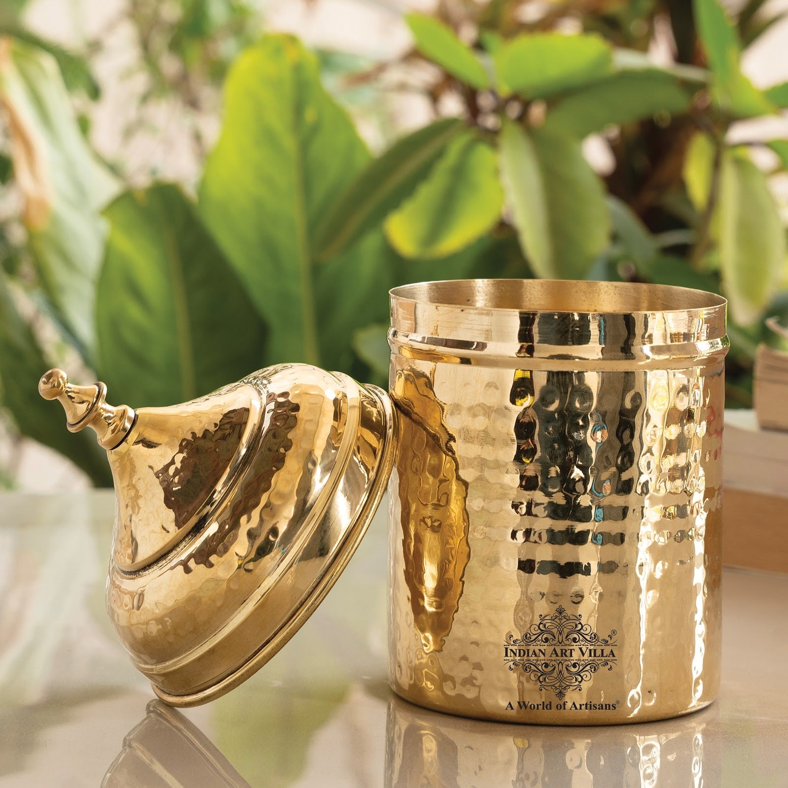 Brass Hammered Storage Container with Lid – 500 ML, Gold Finish Traditional Brass Jar, Dry Fruit, Sugar Storage Jar & Decorative Brass Box for Kitchen, Dining & Gifting
