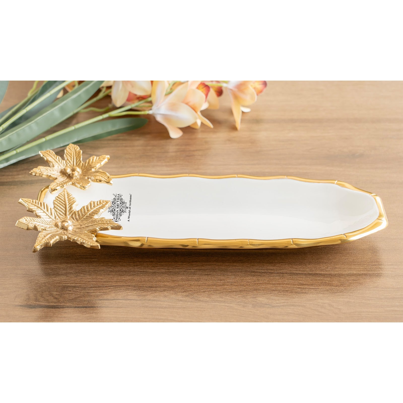 Brass Finish Decorative Serving Plate with Flower Design, Oval Platter, Elegant Tableware for Snacks, Dry Fruits, Gifting, and Home Décor.