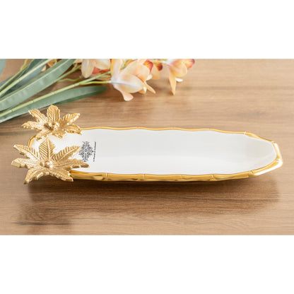 Brass Finish Decorative Serving Plate with Flower Design, Oval Platter, Elegant Tableware for Snacks, Dry Fruits, Gifting, and Home Décor.