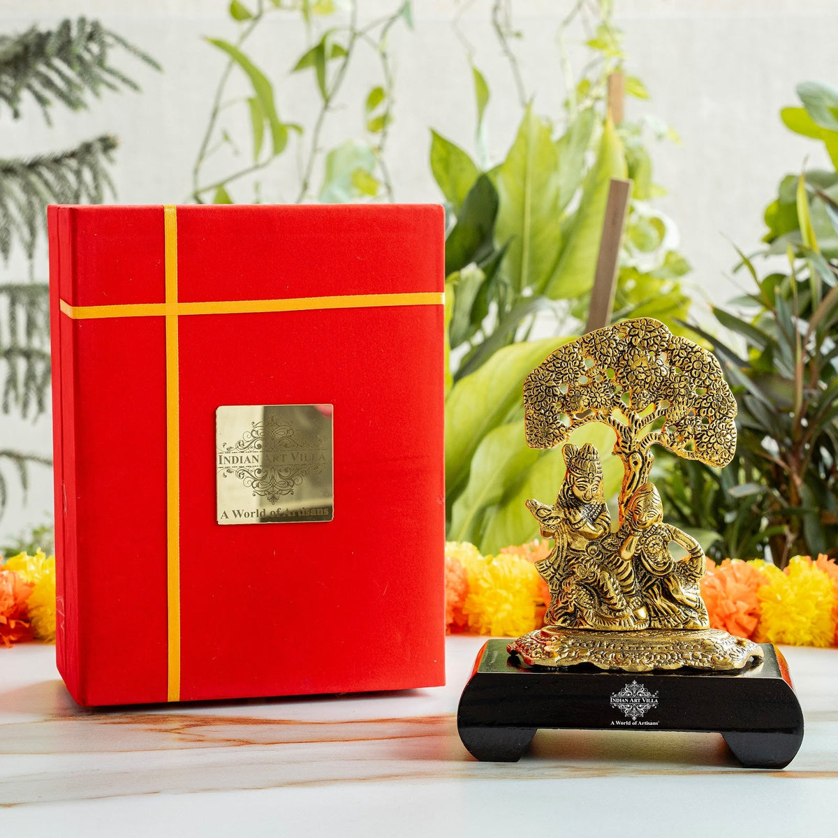 Brass Finish Radha Krishna Murti with Wooden Base