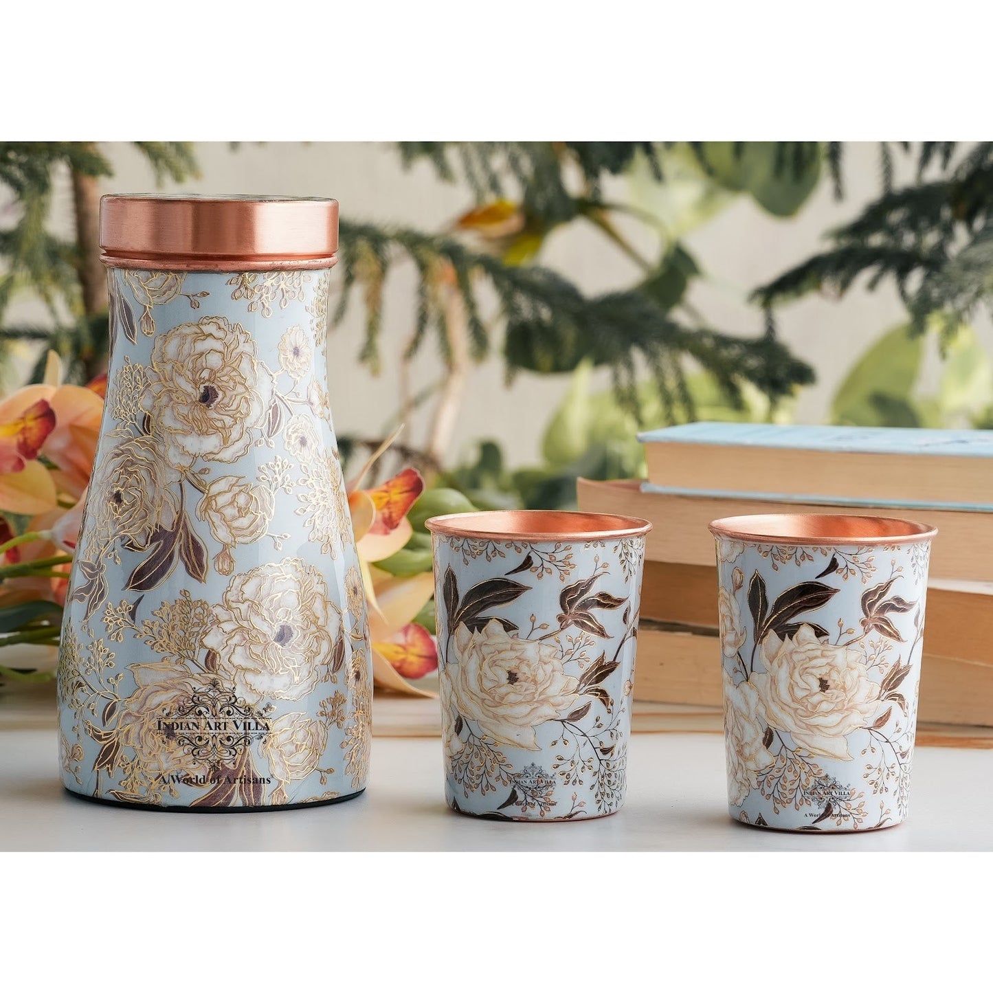 Copper Gold Printed Bedroom Bottle with 2 Glass Set – 900 ML Bottle & 300 ML Glass