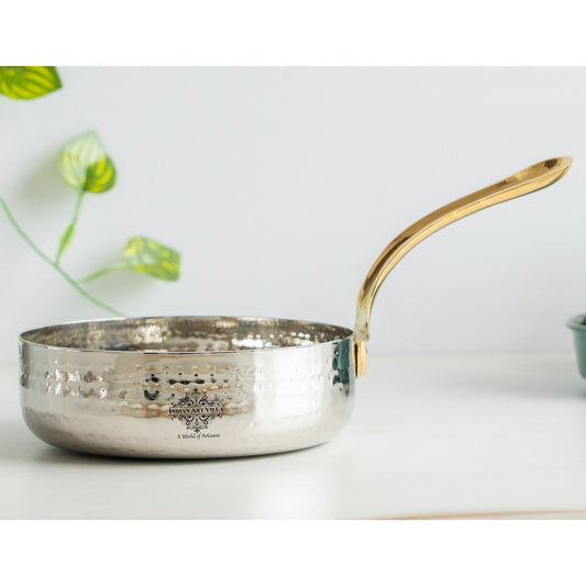 Stainless Steel Hammered Serving Fry Pan with Brass Handle