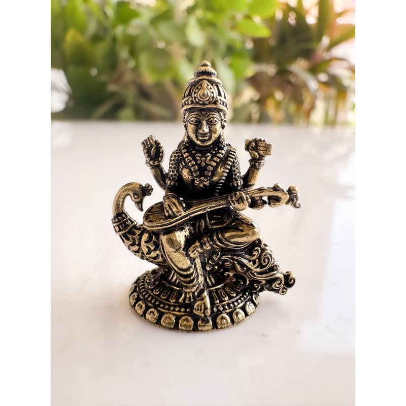 Brass Miniature Saraswati Ji Murti on Peacock - 2.90 CM