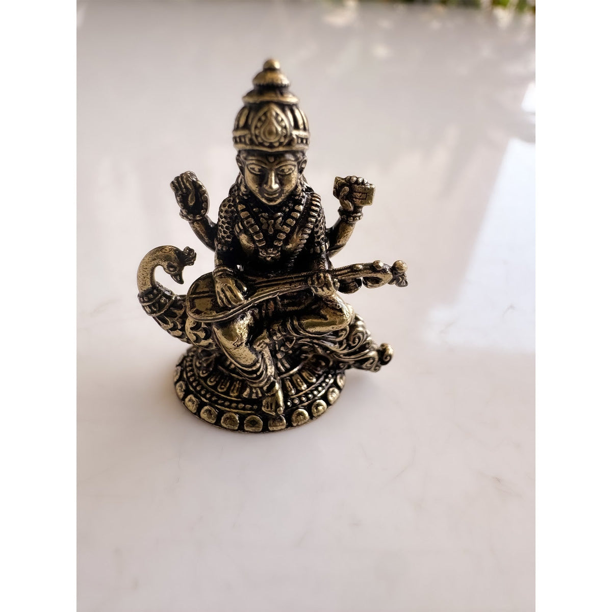 Brass Miniature Saraswati Ji Murti on Peacock - 2.90 CM