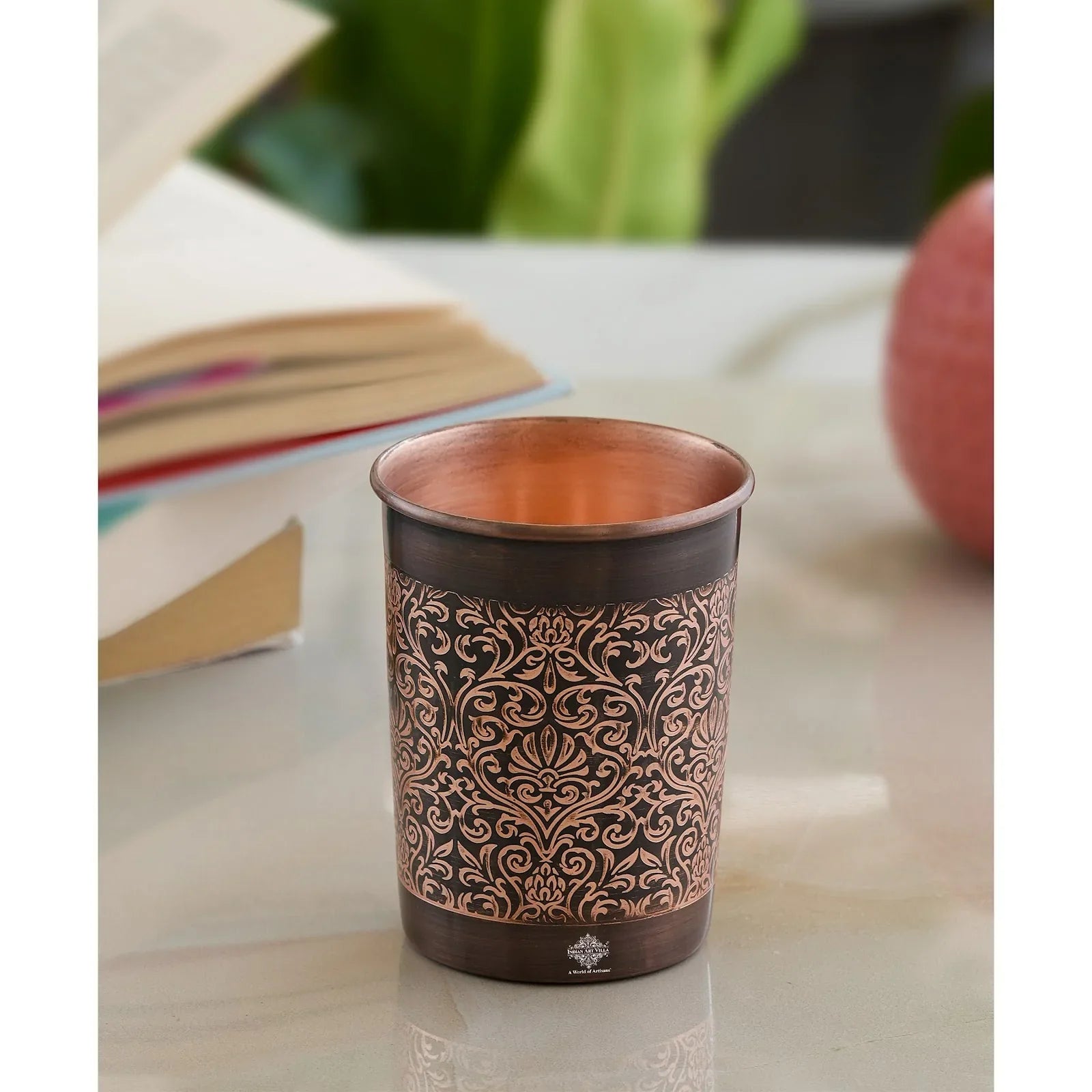 Pure Copper Embossed Design  Water Pot With Stand & Glass