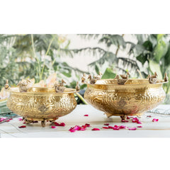 Brass Urli with Embossed Duck & Lotus Flower Design – Traditional Urli