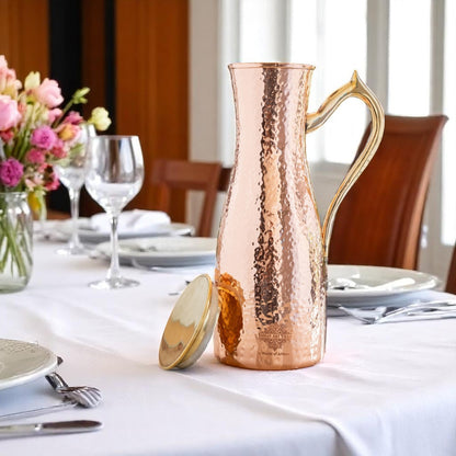 Copper Jug with Hammered Curve Design, Brass Handle & Lid – 1400 ML