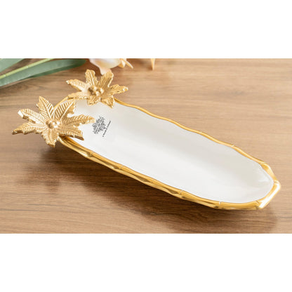 Brass Finish Decorative Serving Plate with Flower Design, Oval Platter, Elegant Tableware for Snacks, Dry Fruits, Gifting, and Home Décor.