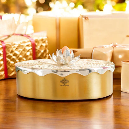 Silver-Plated Brass Decorative Multi-Purpose Gift Box, Lotus Flower Design, Elegant Silver & Gold Finish Storage Box for Dry Fruits