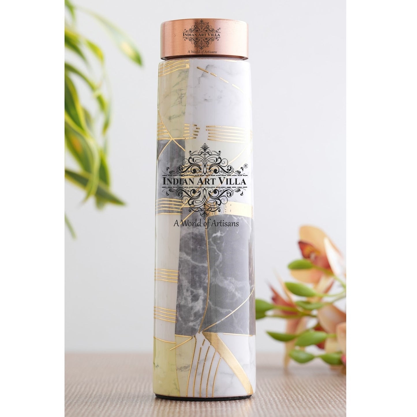 Pure Copper Water Bottle with Pyramid Shape Gold Print Design, 800 ML